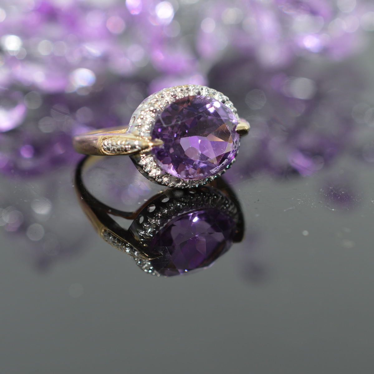 10K Yellow Gold Ring With Diamonds And Sideways Set Oval Amethyst