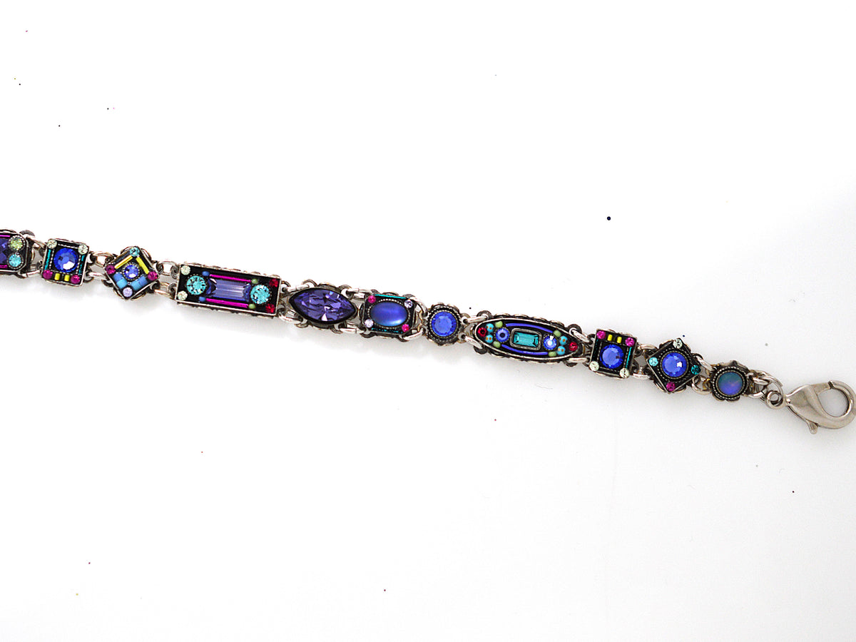 Antique Silver Plate Architectural Bracelet With Tanzanite Color Crystals by Firefly