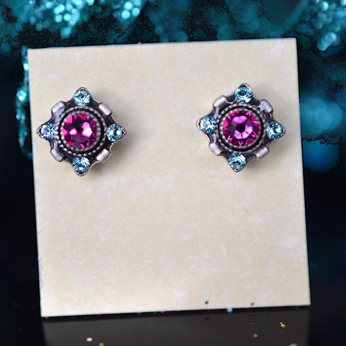Antique Silver Plated Dulce Petite Stud Earrings With Fuchsia Crystals by Firefly