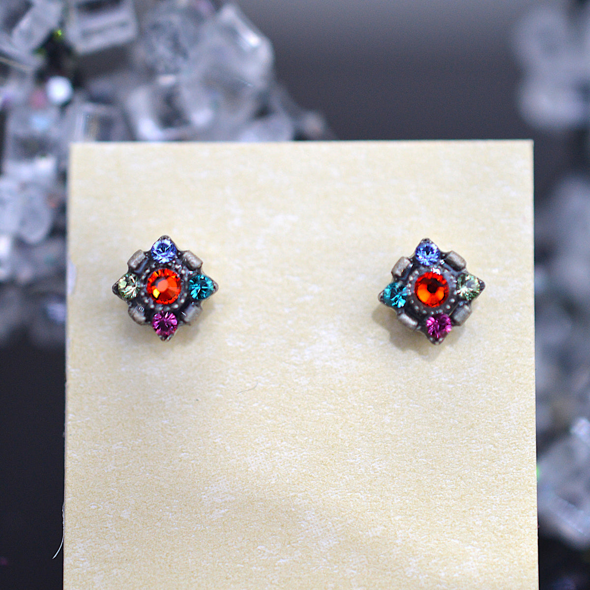 Antique Silver Plated Orange Dulce Mini Stud Earrings With Multi-Colored Crystals by Firefly
