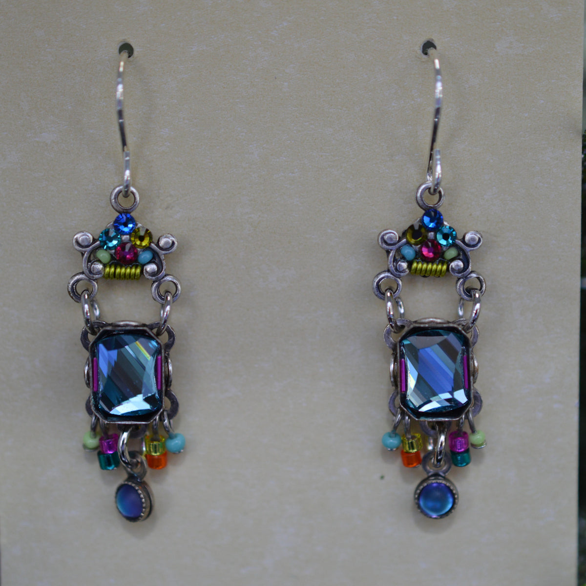 Antique Silver Plated Jasmine Mirror Multi-Color Crystal Dangle Earrings by Firefly