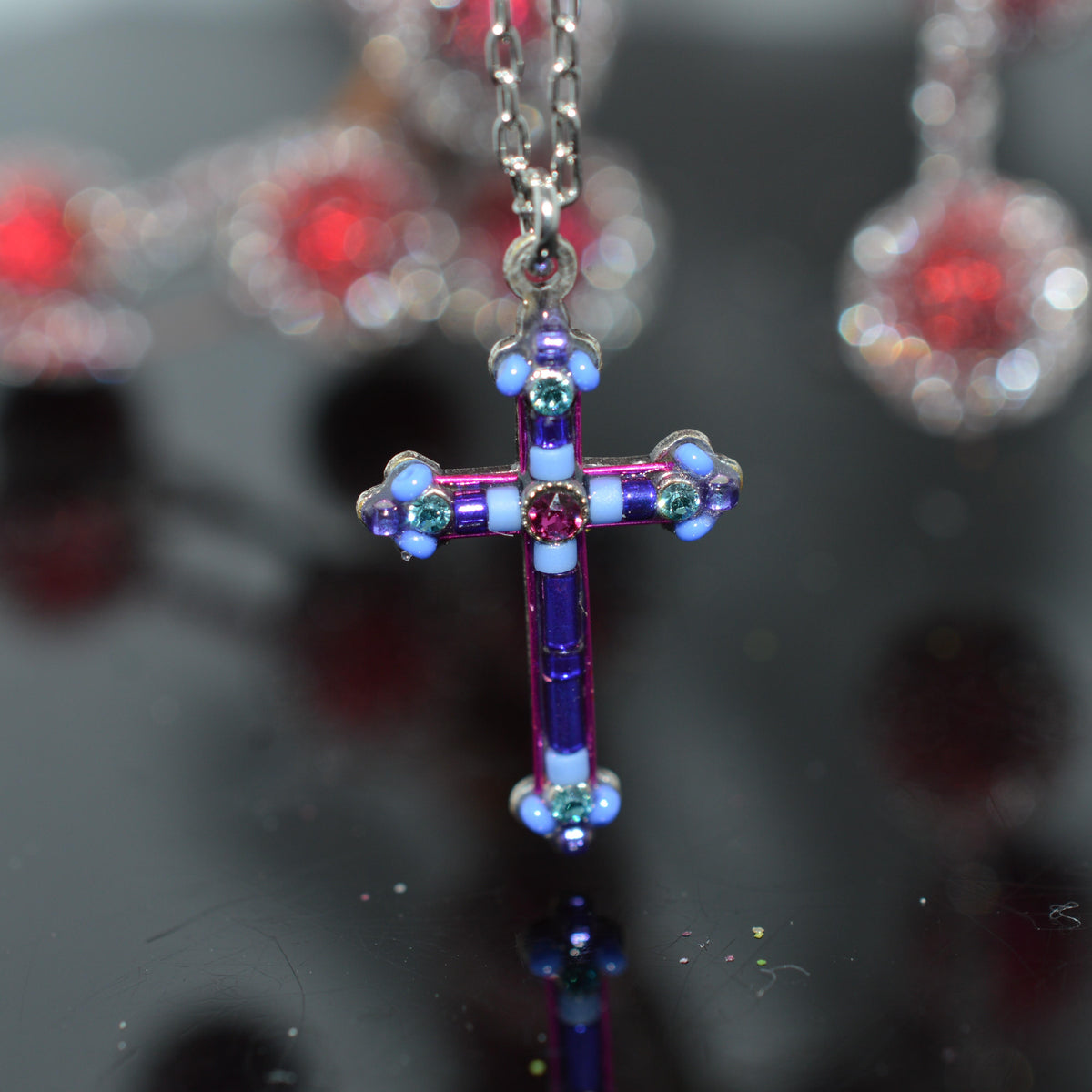 Antique Silver Plated Simple Purple Color Crystal Cross Pendant by Firefly