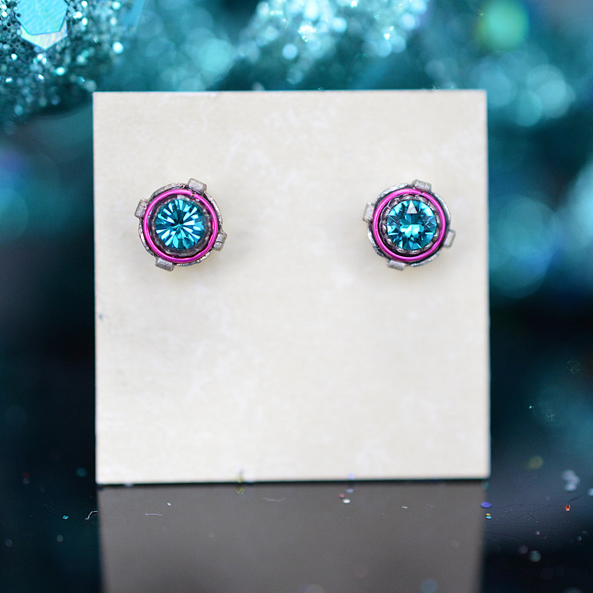 Antique Silver Plated Stud Earrings With Blue Zircon Colored Crystals by Firefly