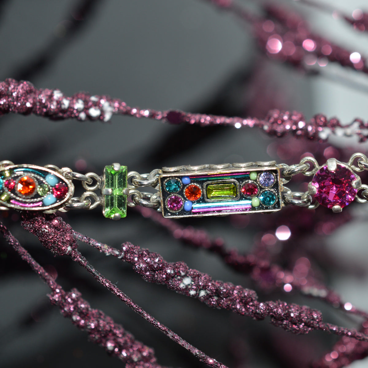 Antique Silver Plated Architectural Multi-Color Crystal Bracelet by Firefly