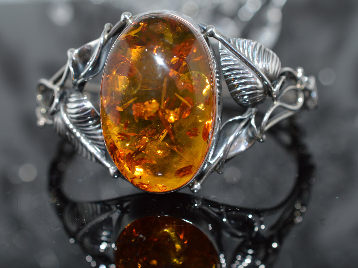 Sterling Silver Hinged Bracelet With Large Oval Baltic Amber