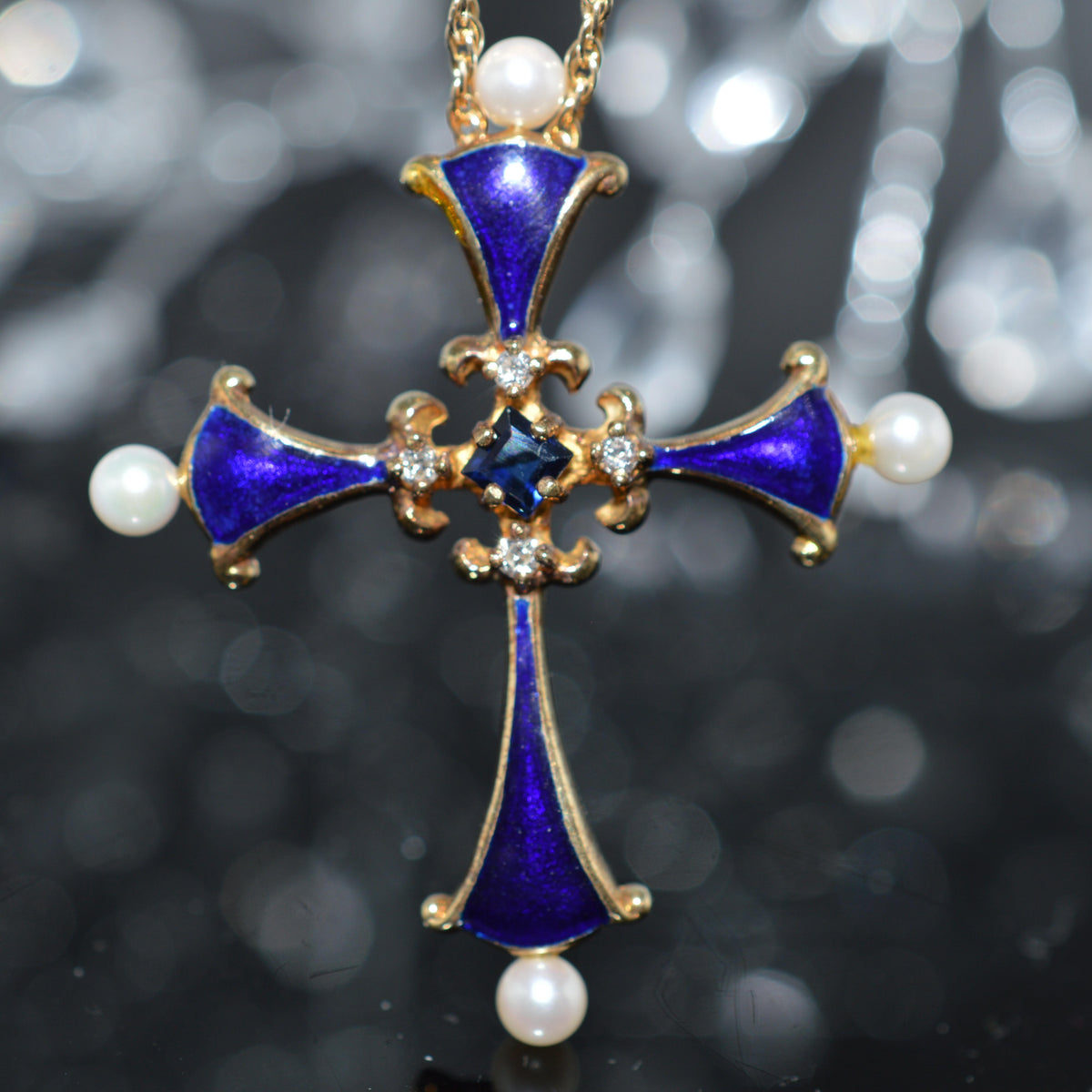 14K Yellow Gold Sapphire Midnight Cross Necklace by Igor Carl Faberge