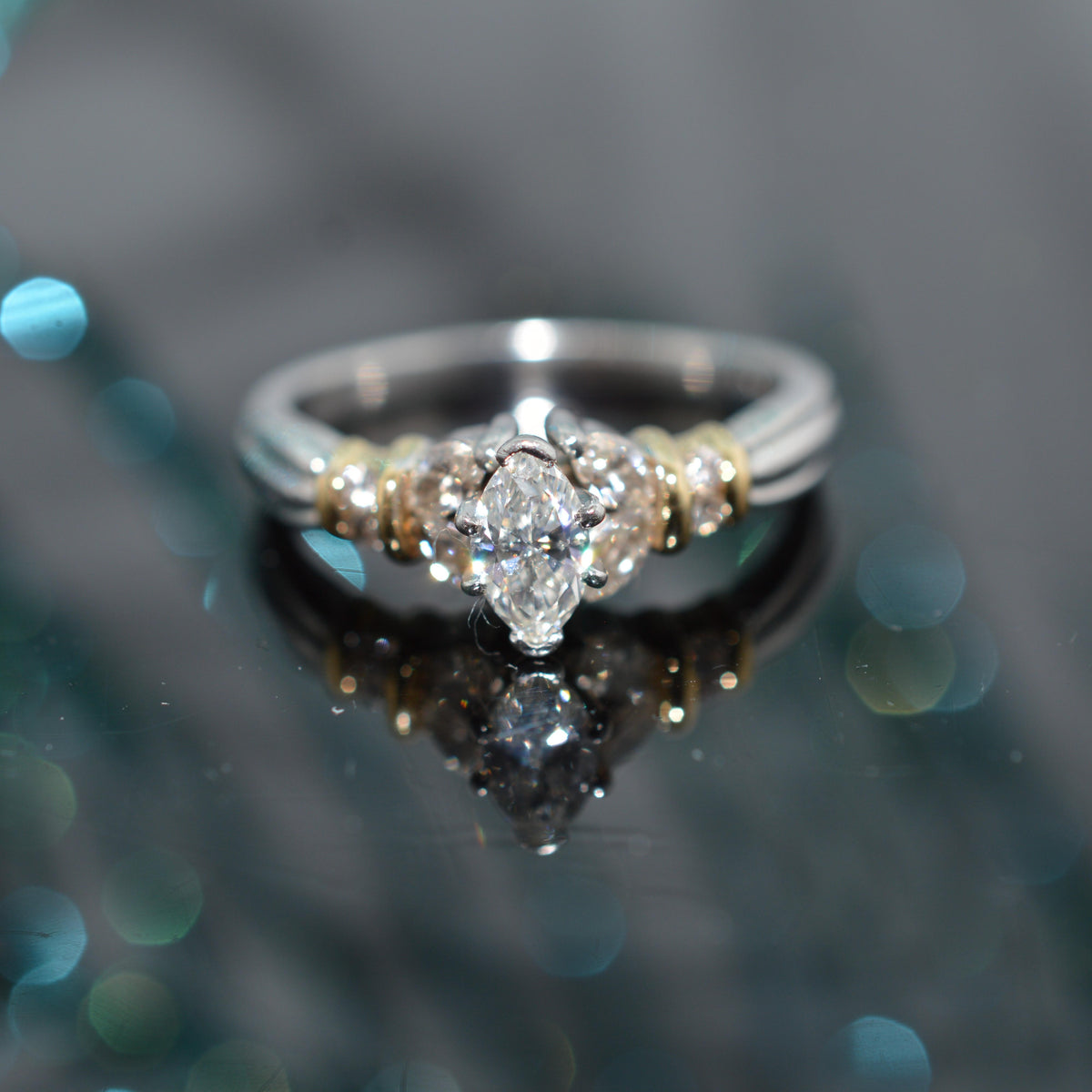 Platinum & 18K Yellow Gold Marquise Diamond Engagement Ring