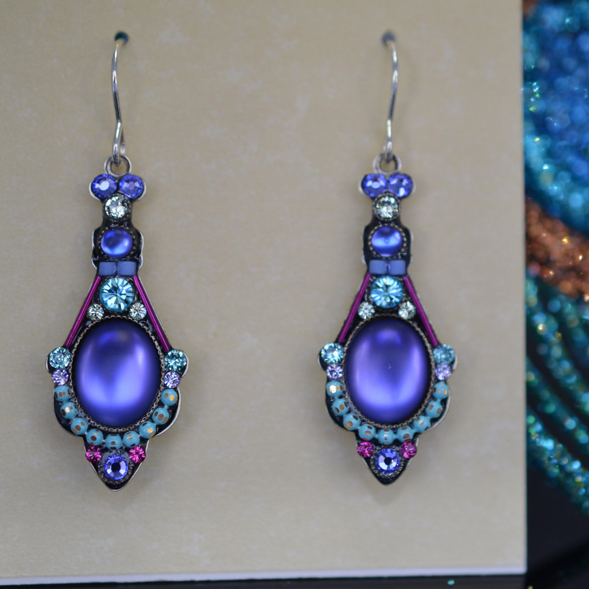 Antique Silver Plate Large Moonlight Drop Earrings With Tanzanite Color Crystals By Firefly