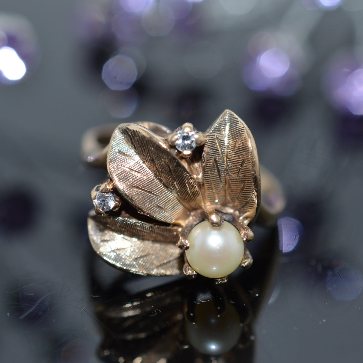 10K Yellow Gold Botanical Ring With A Pearl & 2 Simulated Diamonds