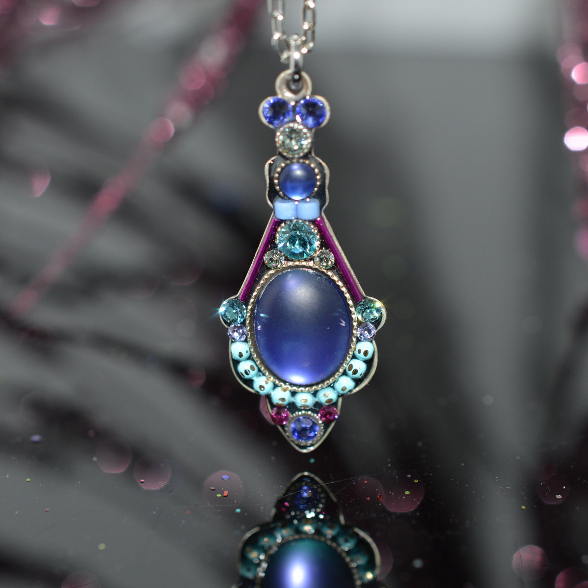 Antique Silver Plated Large Moonlight Tanzanite Colored Crystal Pendant by Firefly
