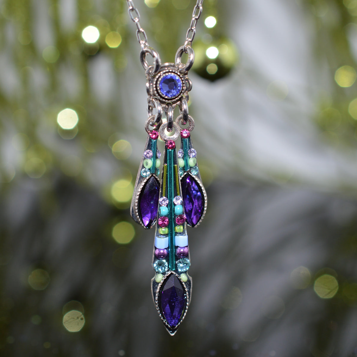 Antique Silver Plated Triple Carmel Purple Crystal Drop Necklace by Firefly
