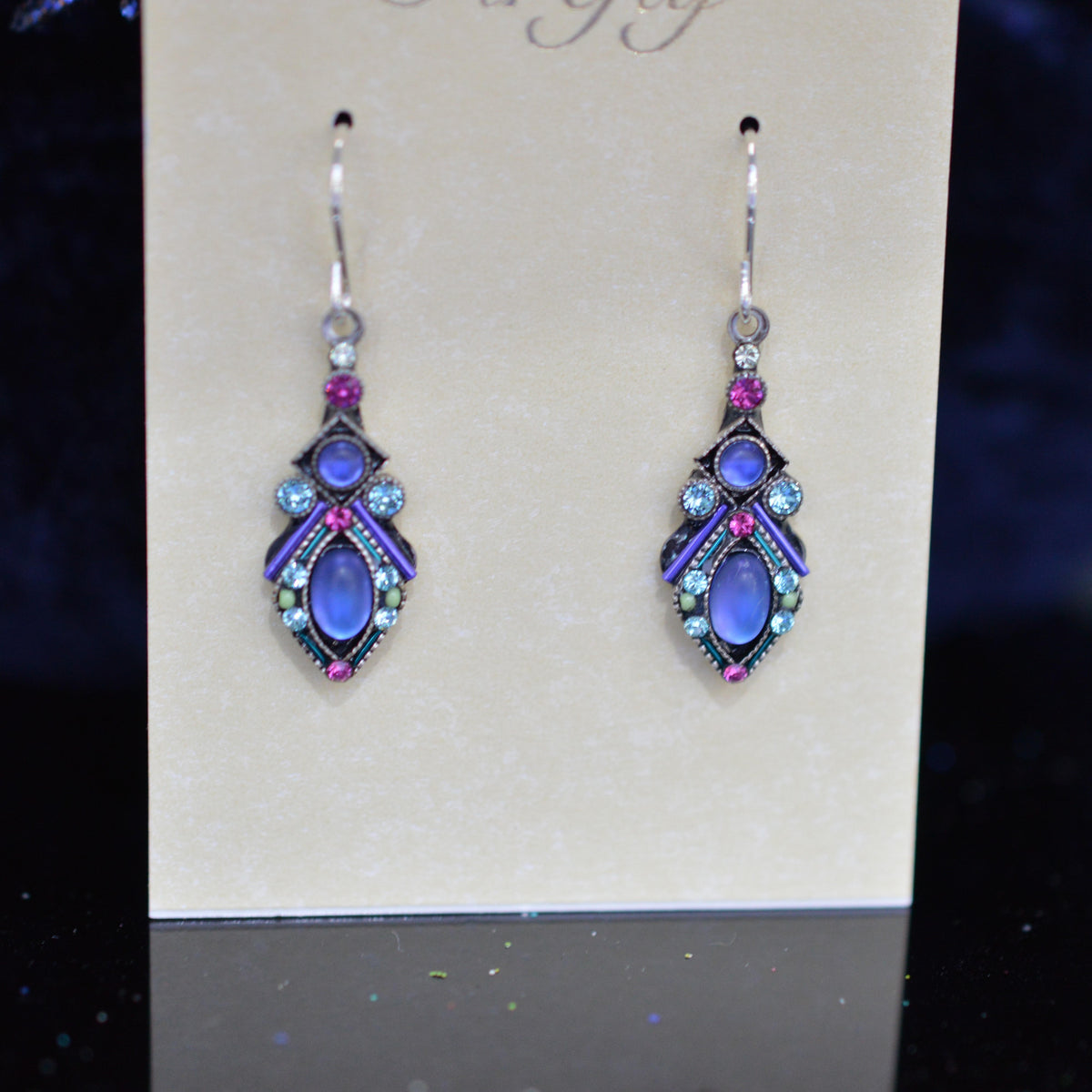 Antique Silver Plate Moonlight Drop Earrings With Tanzanite Color Crystals By Firefly