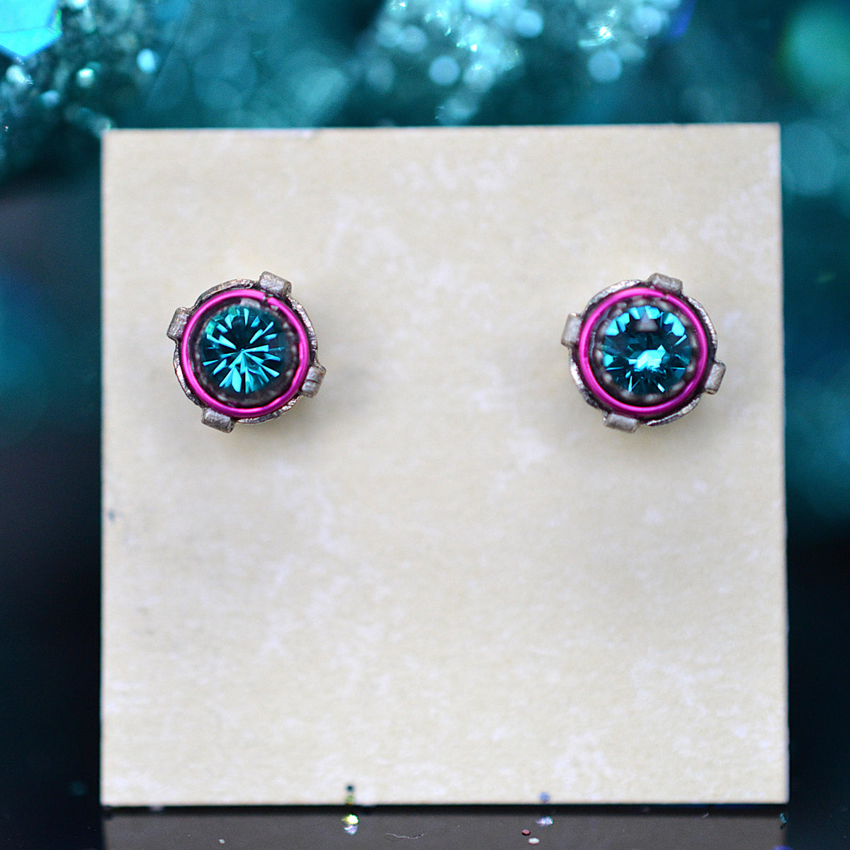 Antique Silver Plated Stud Earrings With Blue Zircon Colored Crystals by Firefly