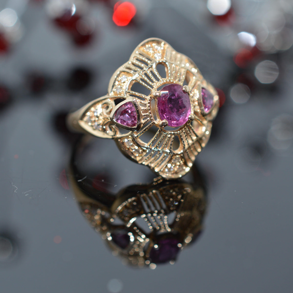 14K Yellow Gold Filigree Ring With 3 Rubies & Diamonds