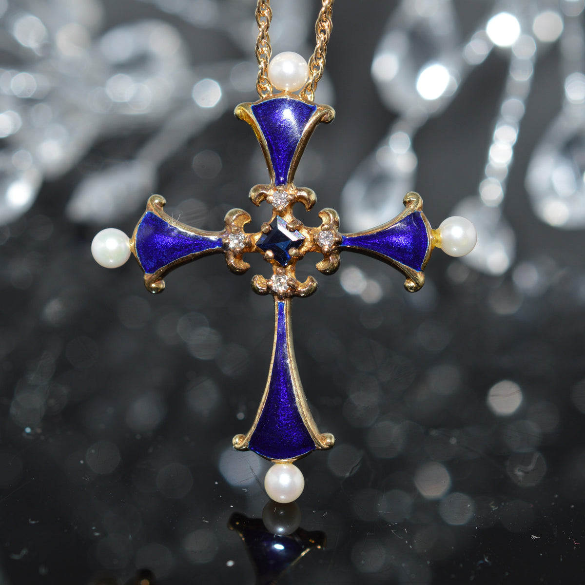 14K Yellow Gold Sapphire Midnight Cross Necklace by Igor Carl Faberge