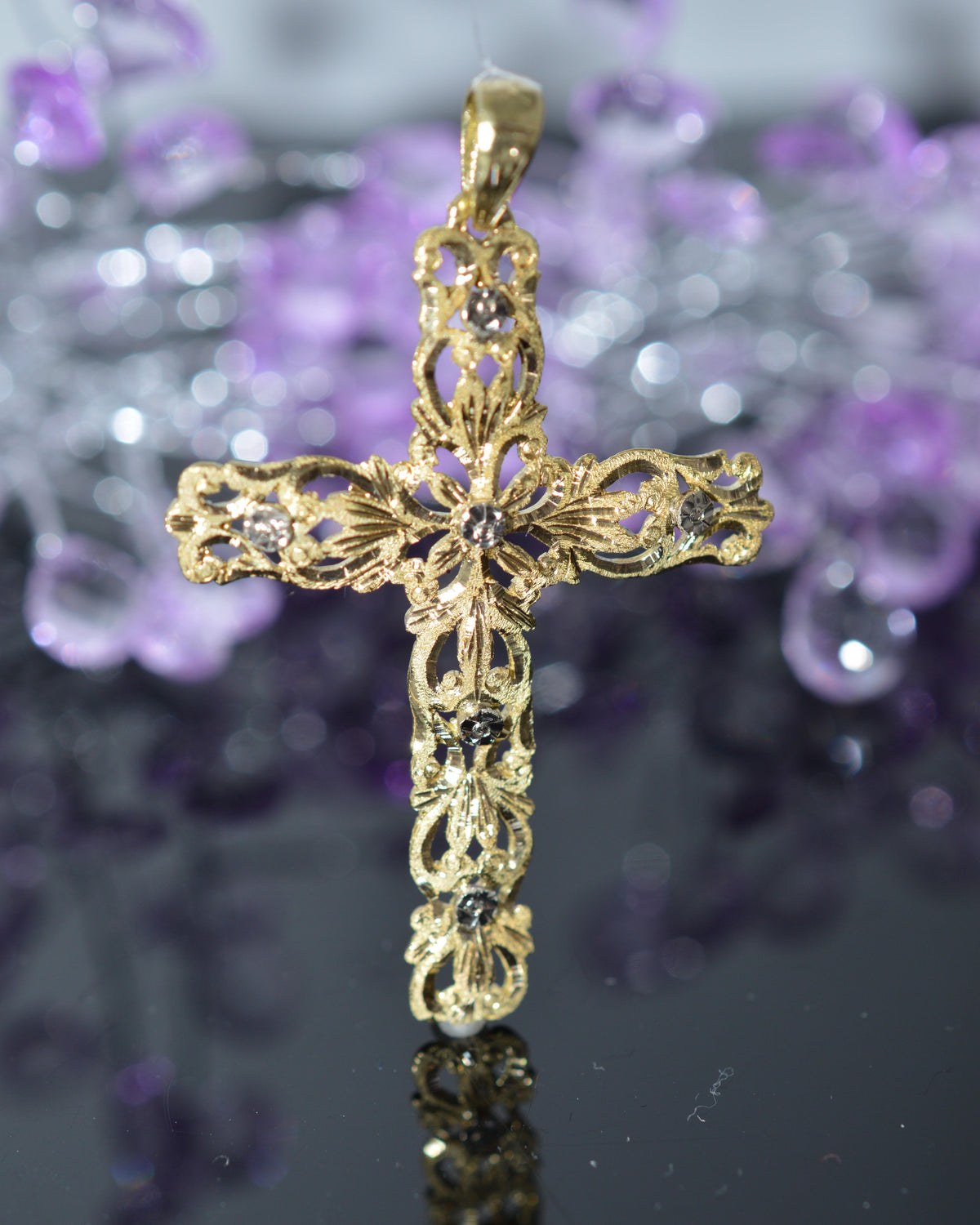 18K Two Tone Gold Large Filigree Cross
