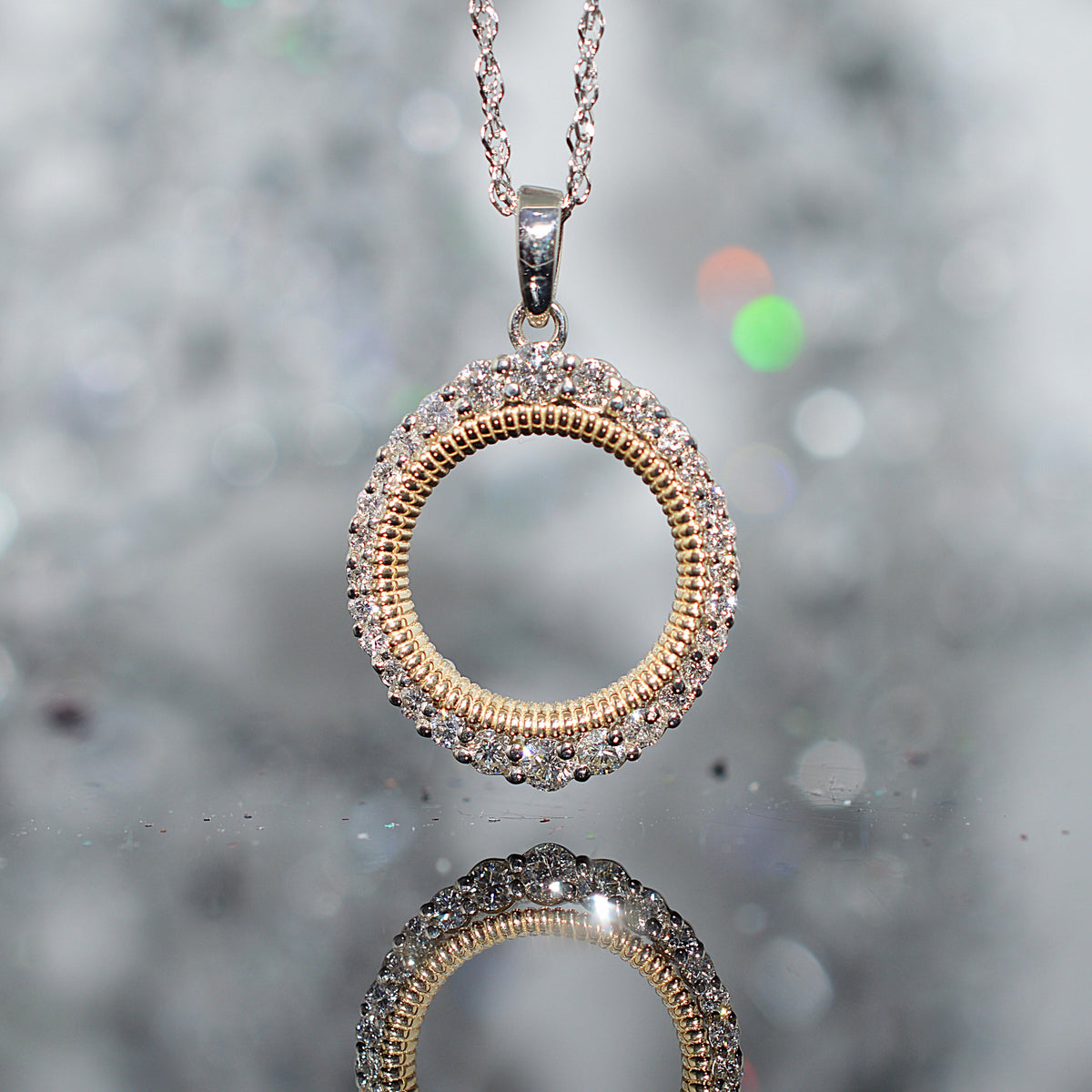 14K Two Tone Gold Diamond Circle Pendant With Chain