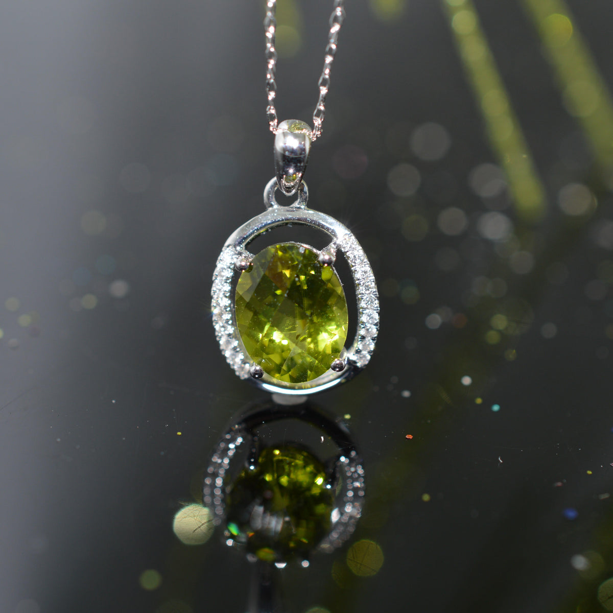 14K White Gold Diamond & Peridot Pendant With Chain