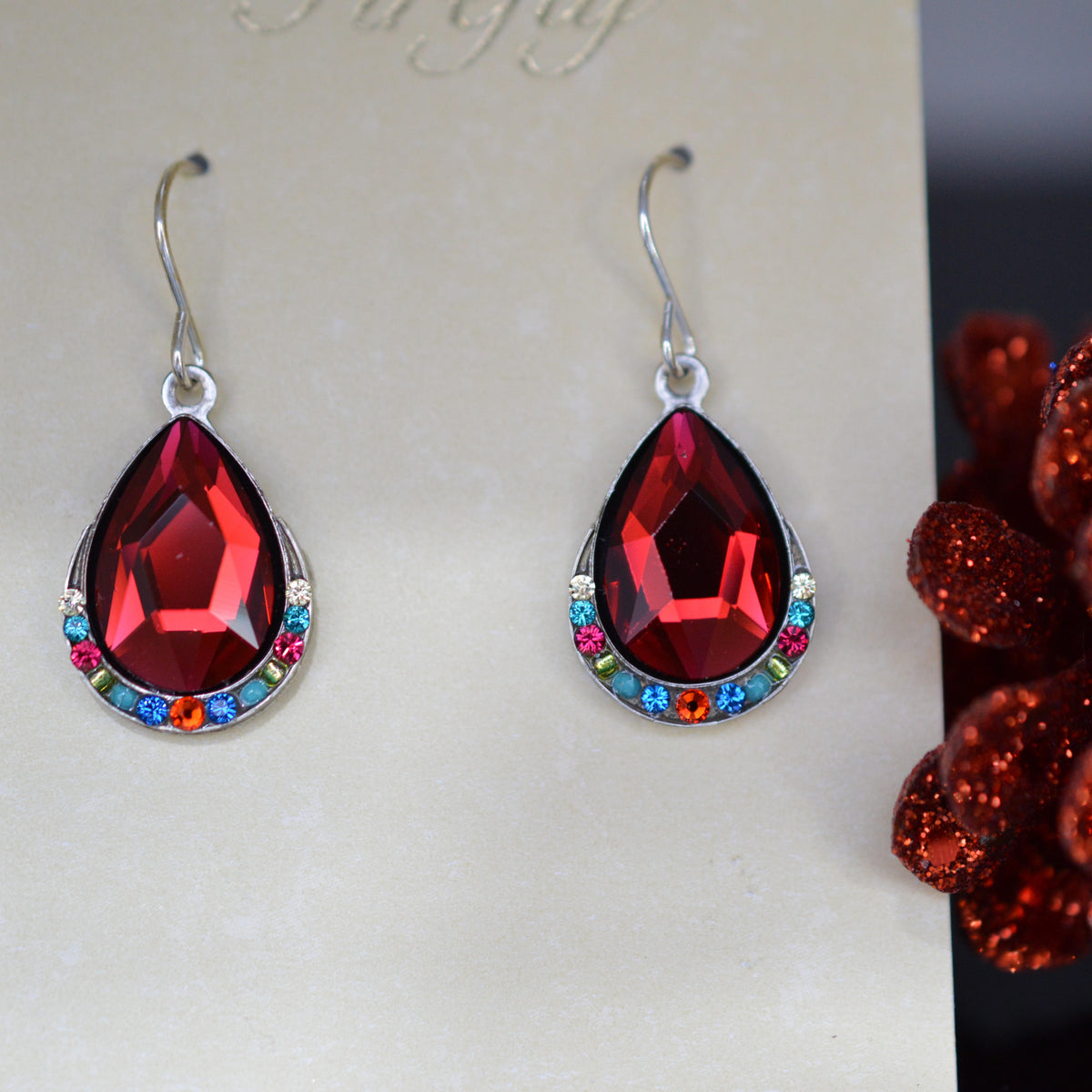Antique Silver Plate Elizabeth Teardrop Earrings With Multi-Color Crystals By Firefly