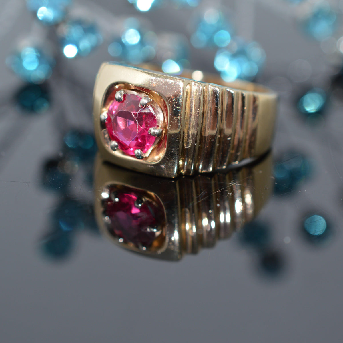 14K Yellow Gold Ring With Round Synthetic Ruby