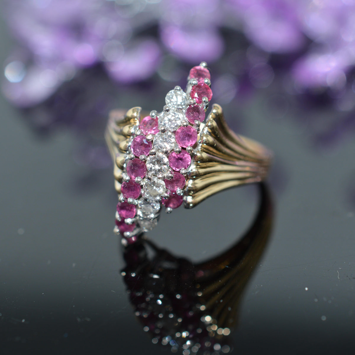 14K Two Tone Gold Ring With Rubies And Diamonds