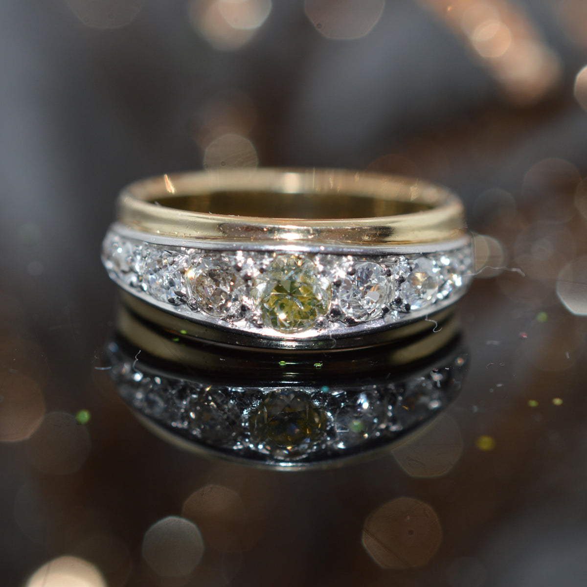 14K 2T Gold & Old Mine Cut Diamond Band Ring
