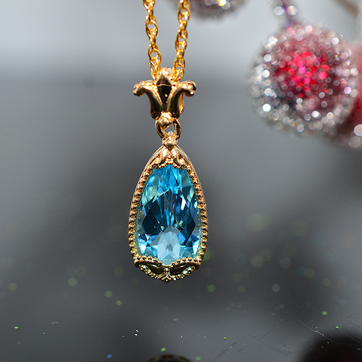Gold Vermeil Chain & Pendant With Pear Cut Blue Topaz Gemstone