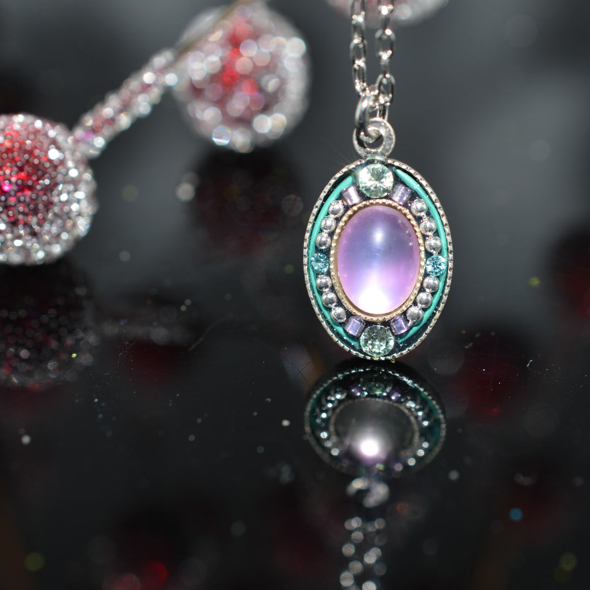 Antique Silver Plated Soft Rose Moonlight Crystal Pendant by Firefly