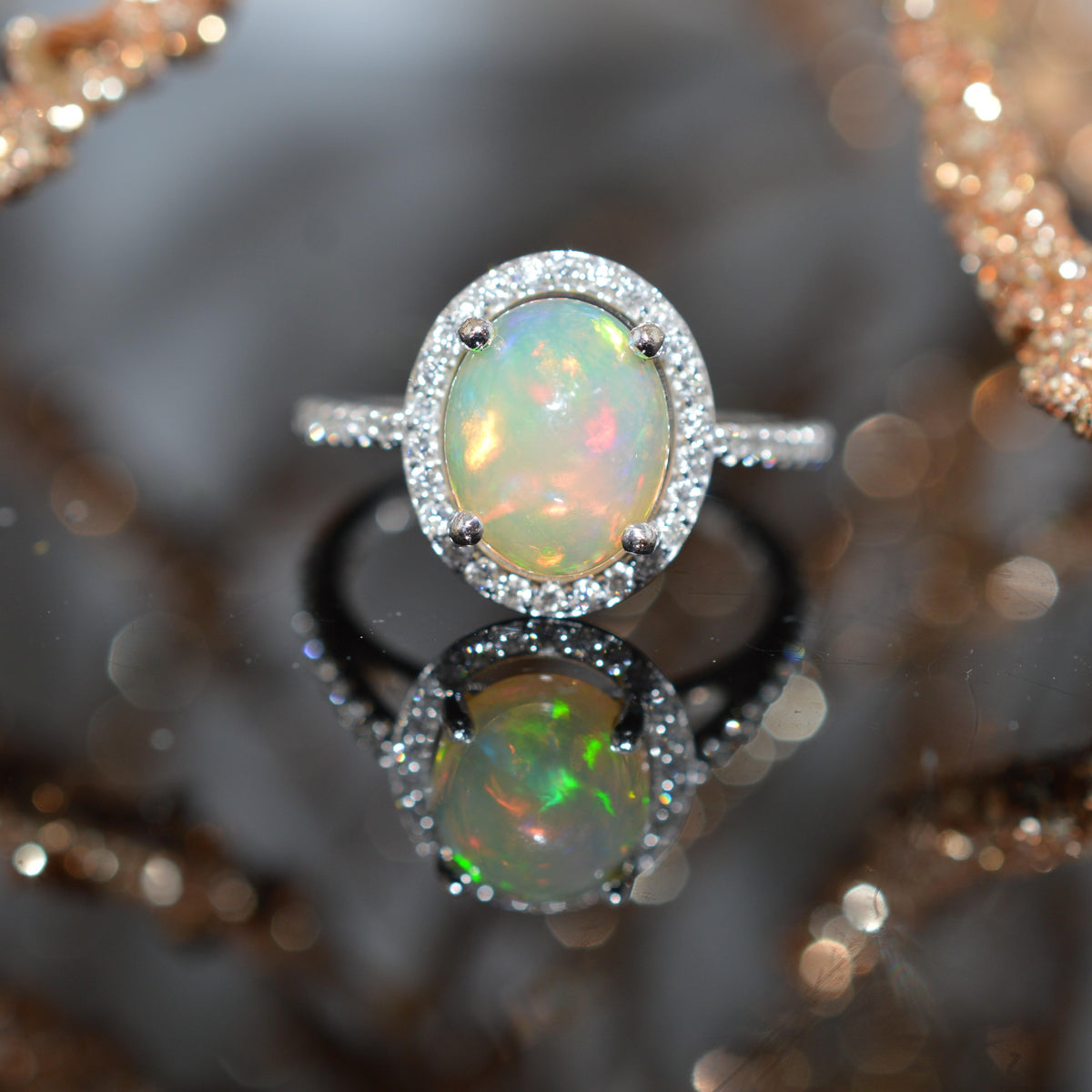 14K White Gold Oval Ethiopian Opal & Diamond Ring