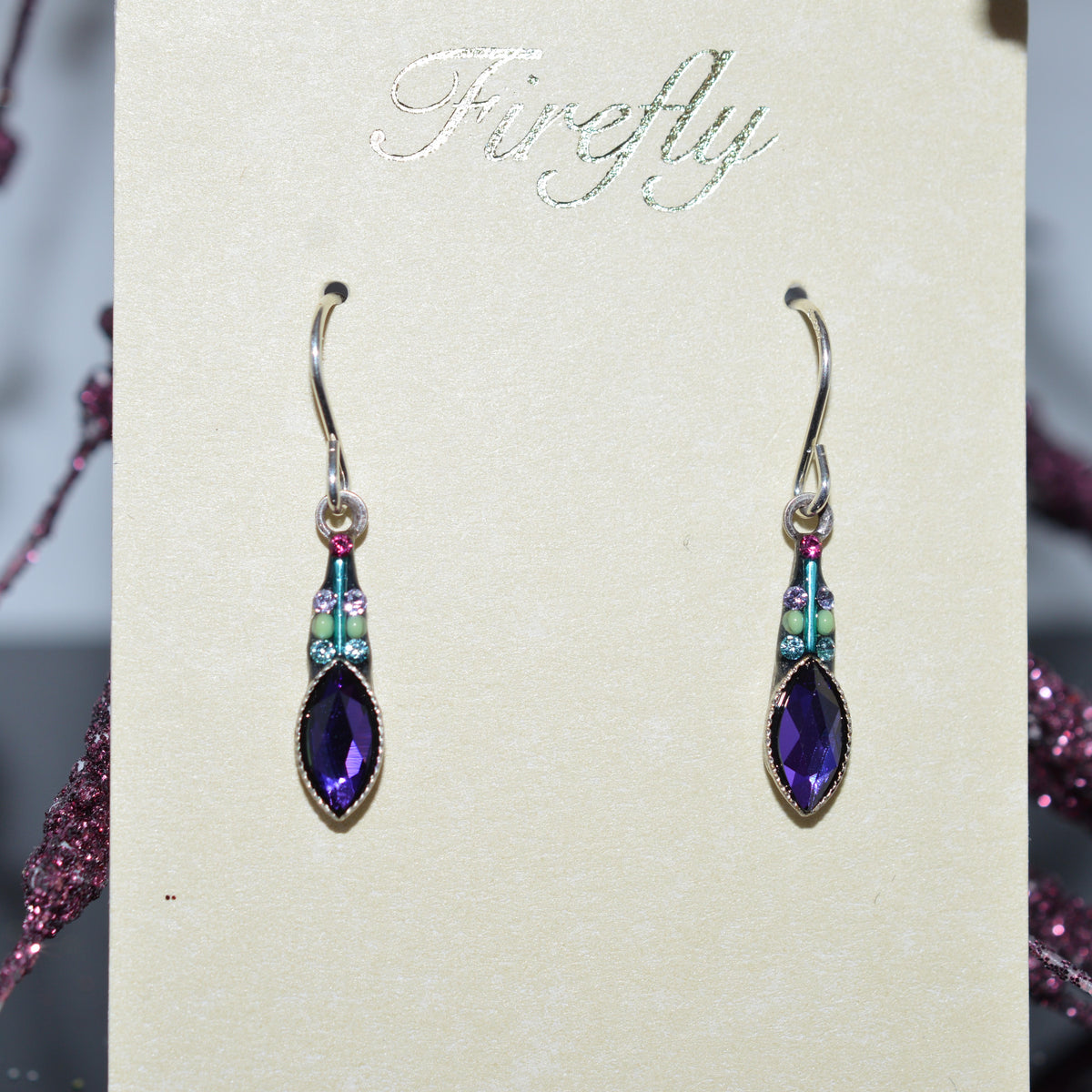 Antique Silver Plated Carmel Small Drop Purple Crystal Earrings by Firefly
