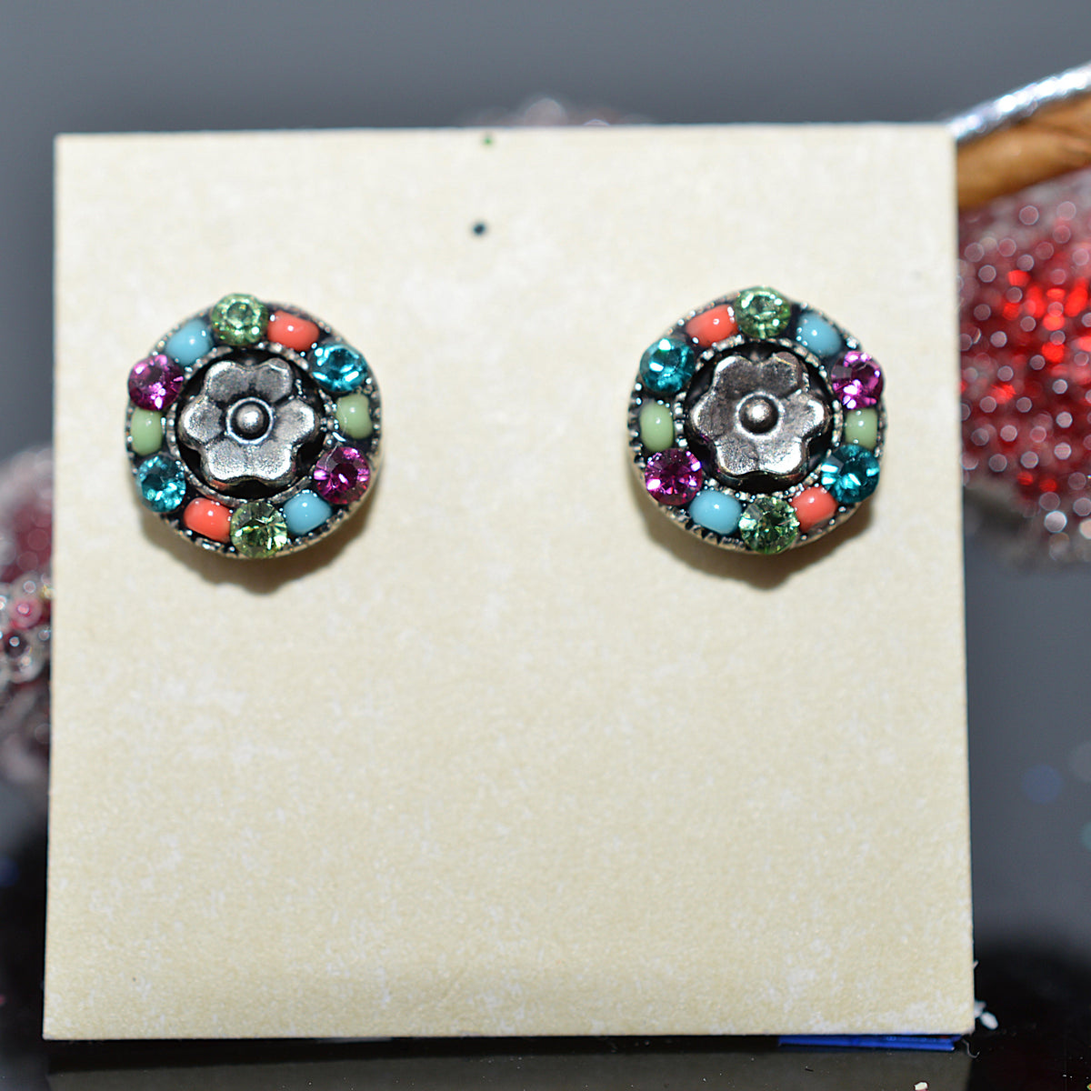 Antique Silver Plated Round Flower Stud Earrings With Multi-Color Crystals by Firefly