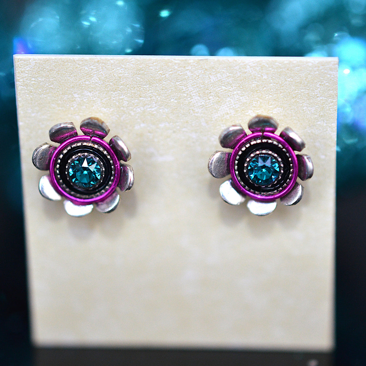 Antique Silver Plated Mini Flower Stud Earrings With Multi-Color Crystals by Firefly