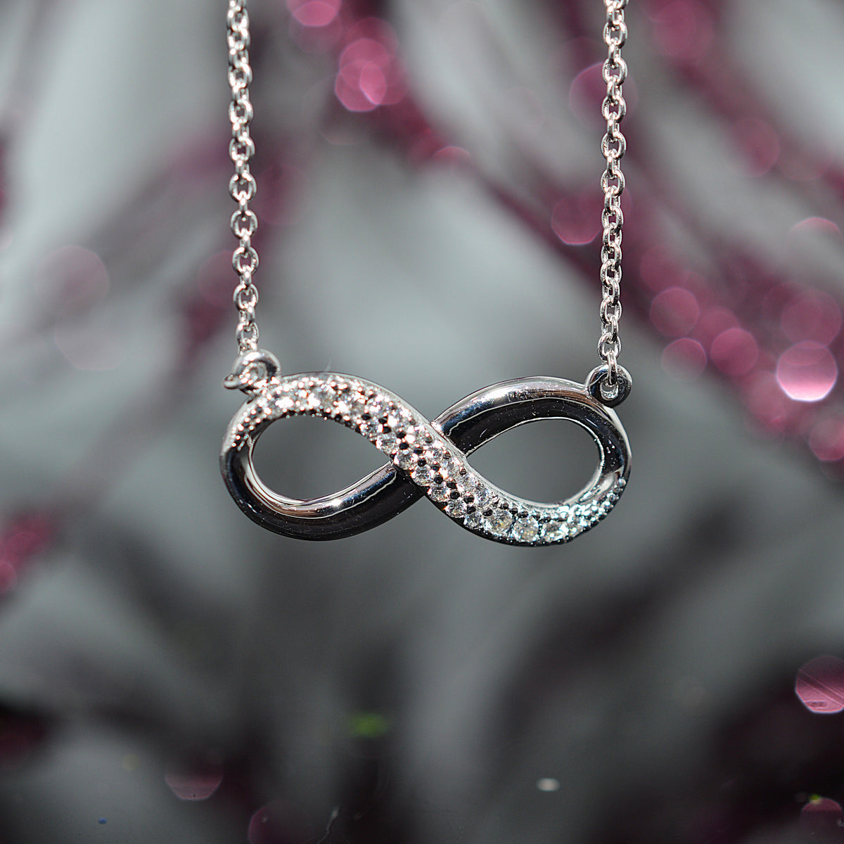 Sterling Silver Infinity Necklace With Simulated Diamonds