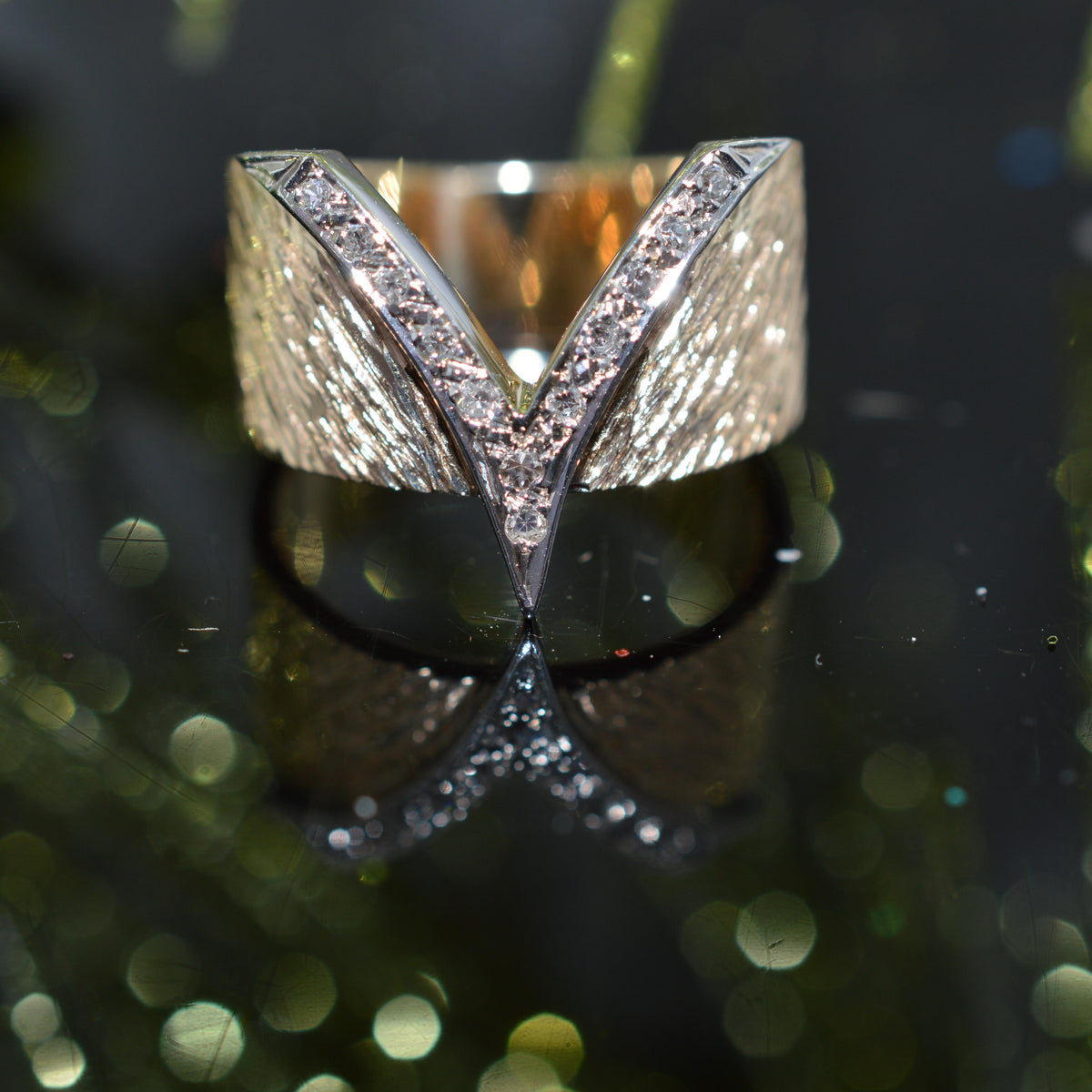 14K Two Tone Gold &amp; Diamond Chevron Band Ring