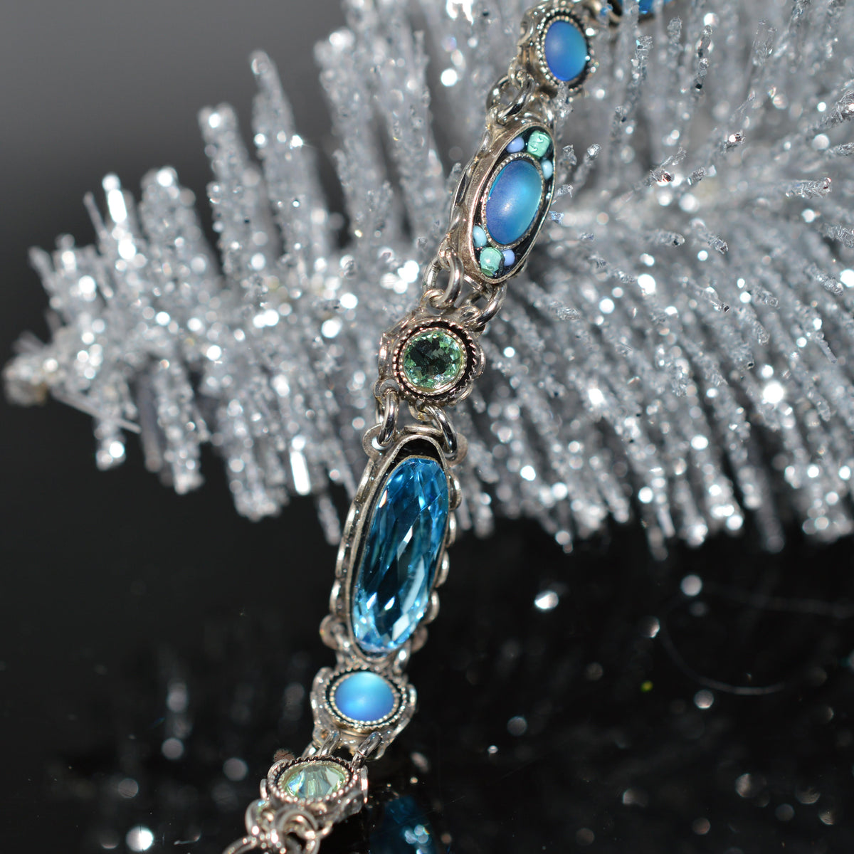 Antique Silver Plate Skinny Aquamarine Color Crystal Bracelet by Firefly