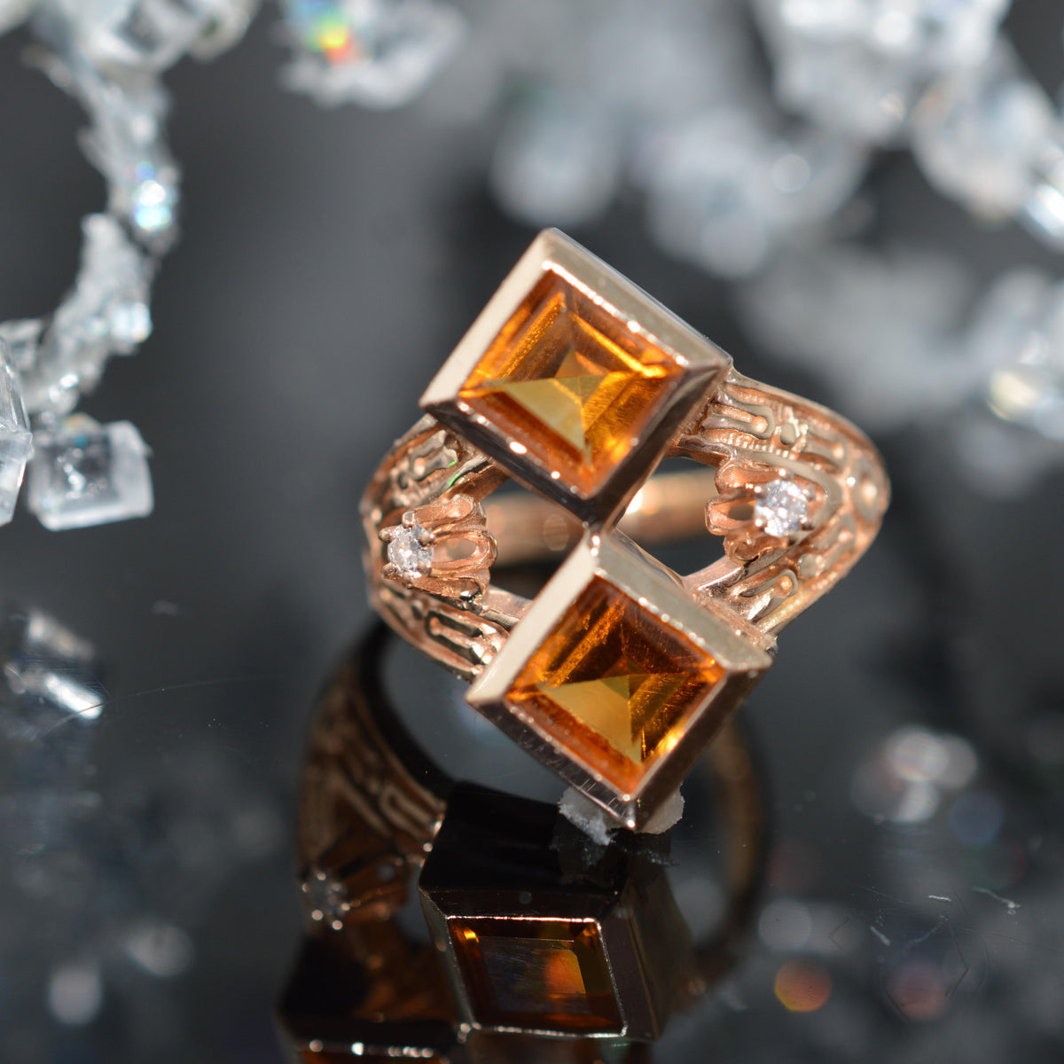 14K Yellow Gold Ring With 2 Square Cut Citrines & 2 Diamonds