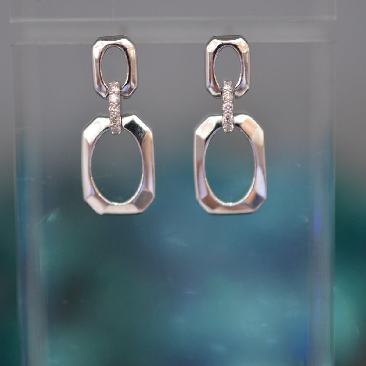 Sterling Silver Octagonal Drop Earrings With Diamonds