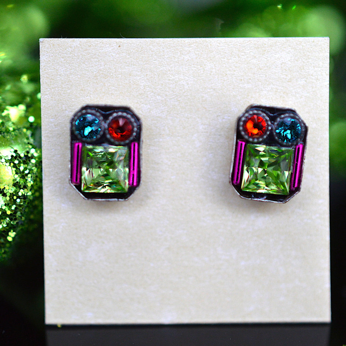 Antique Silver Plated Rectangular Architectural Stud Earrings With Peridot Crystals by Firefly