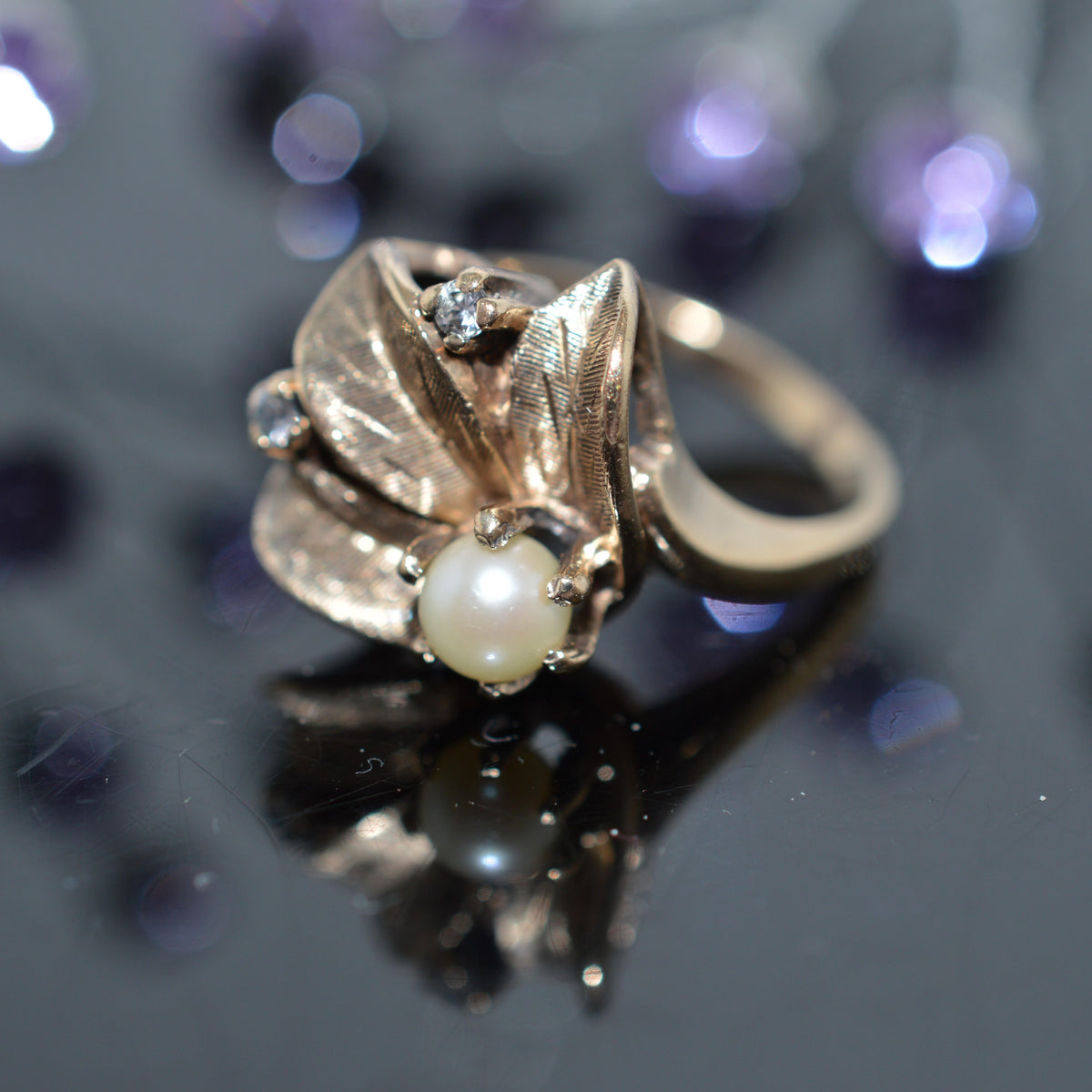 10K Yellow Gold Botanical Ring With A Pearl & 2 Simulated Diamonds
