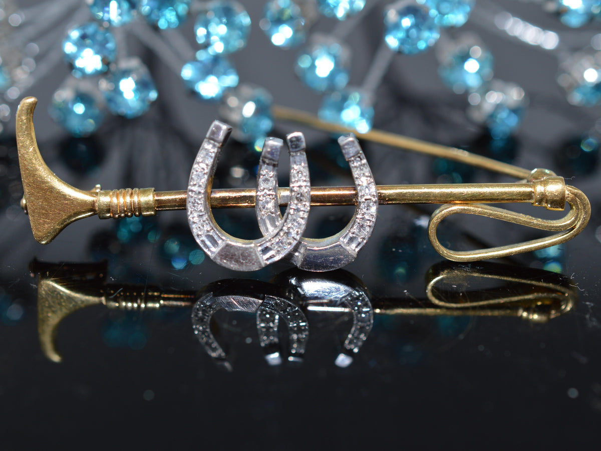 18K Yellow Gold & Platinum Equestrian Brooch With Riding Crop & Diamond Horseshoes