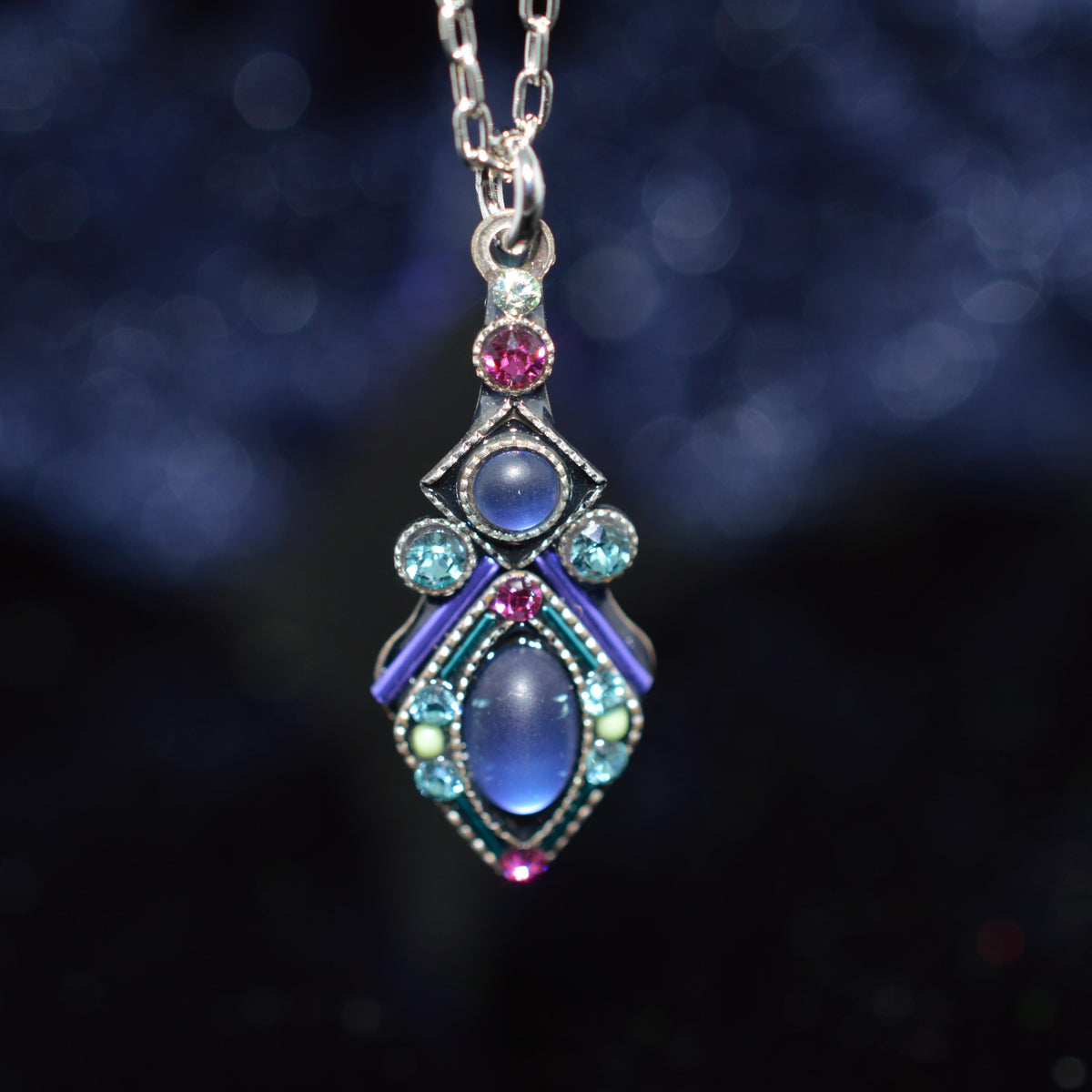 Antique Silver Plated Moonlight Tanzanite Colored Crystal Pendant by Firefly