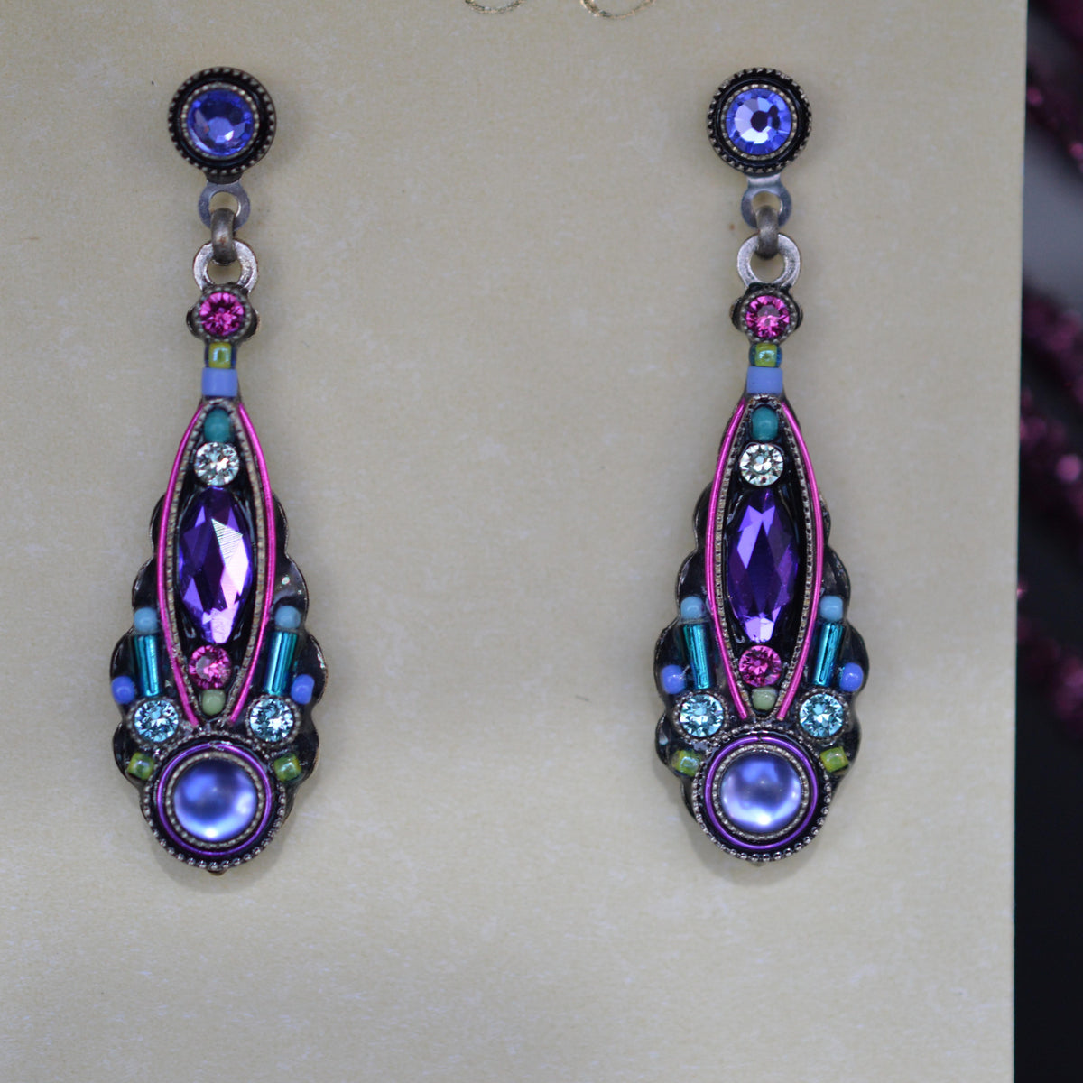 Antique Silver Plate Slim Navette Drop Earrings With Tanzanite Color Crystals By Firefly