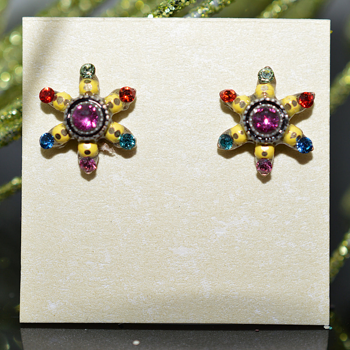 Antique Silver Plated Sun Flower Stud Earrings With Multi-Color Crystals by Firefly