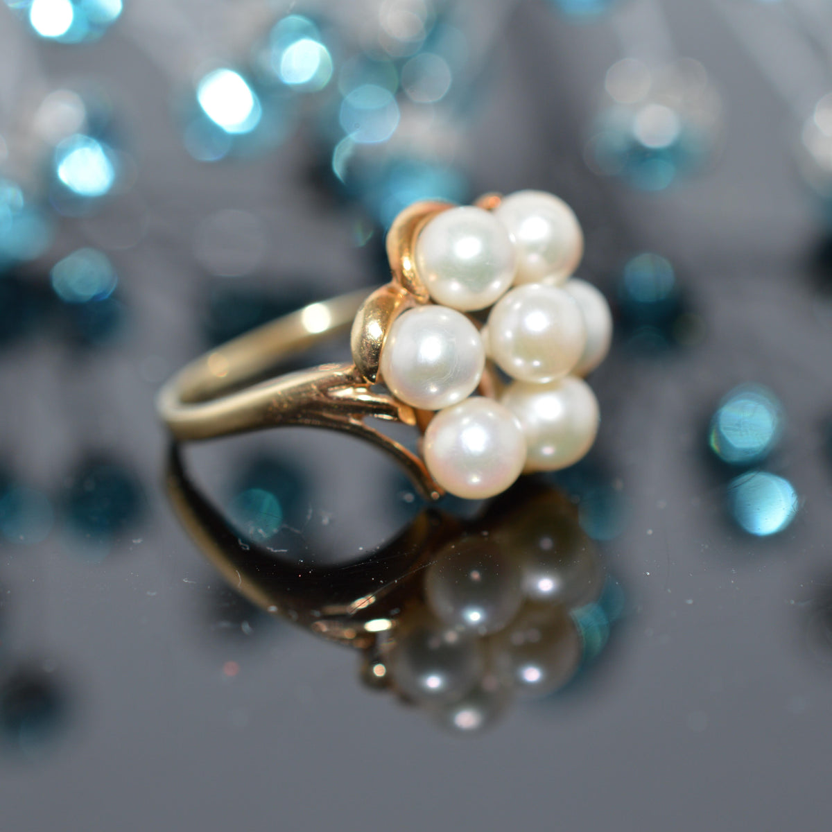 14K Yellow Gold 7 Pearl Cluster Ring