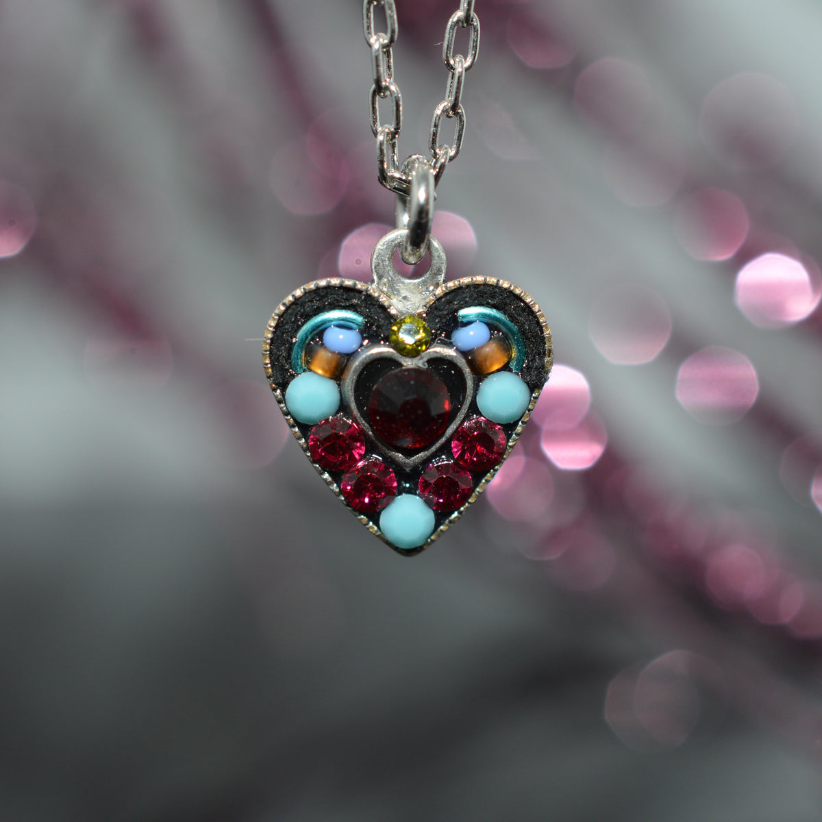Antique Silver Plated Red Crystal Heart Pendant by Firefly