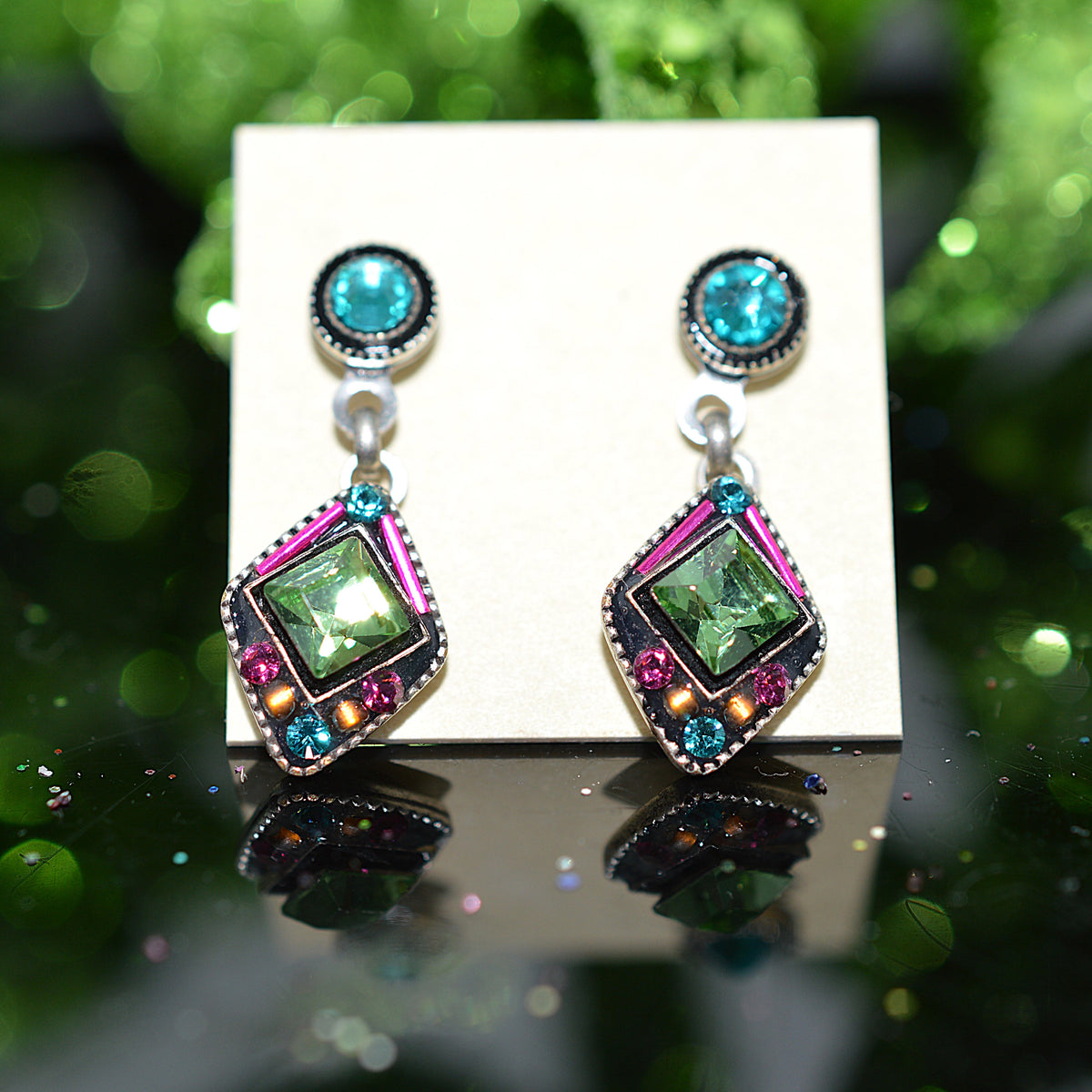 Antique Silver Plated Architectural Dangle Stud Earrings With Multi-Color Crystals by Firefly
