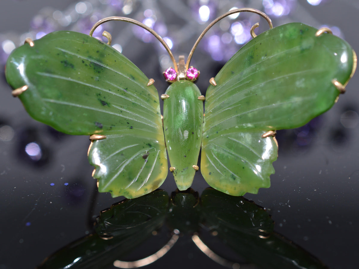 14K Yellow Gold Jade & Ruby Butterfly Brooch