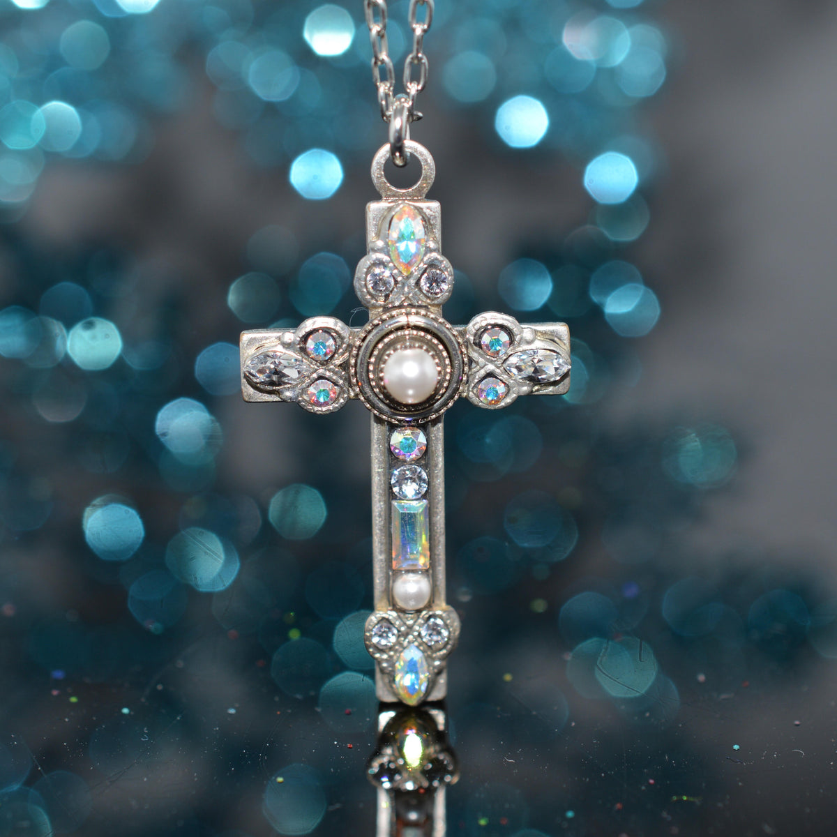 Antique Silver Plated Delicate Pearl And Crystal Cross Pendant by Firefly