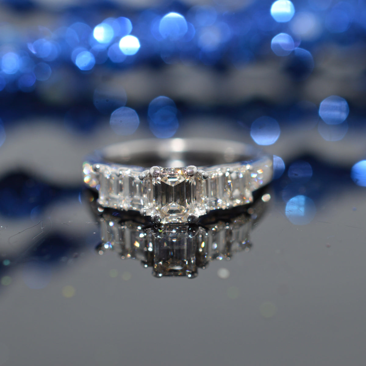 14K White Gold 2 Carat Baguette & Emerald Cut Diamond Anniversary Ring