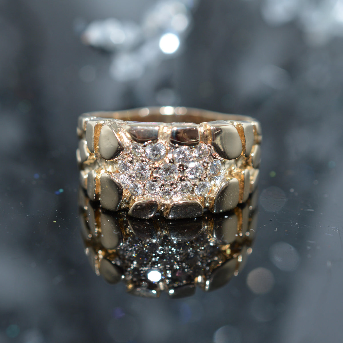 14K Yellow Gold Gents Diamond Cluster Nugget Ring